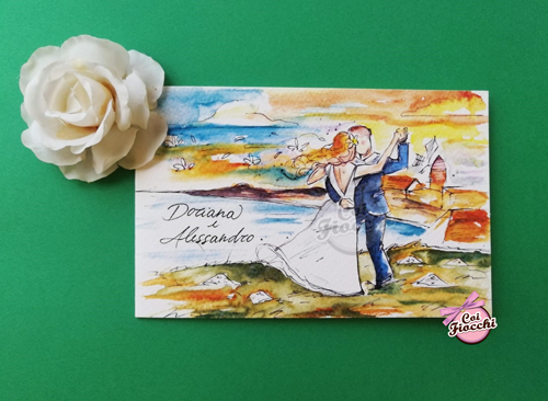disegno d'amore romantico degli sposi che ballano sulla spiaggia