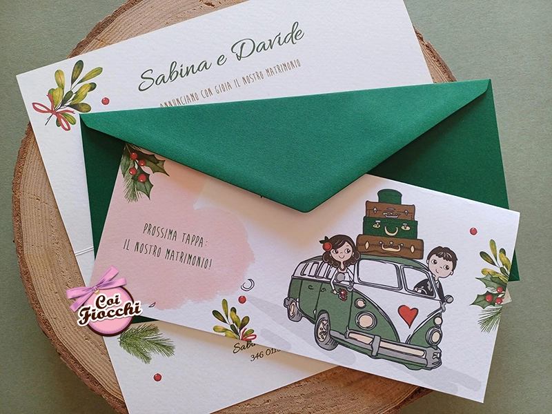 partecipazione tema viaggio simpatica per un matrimonio a Natale.