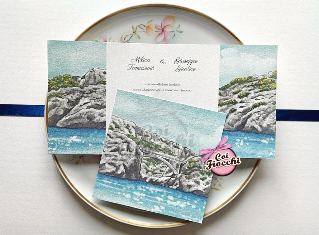 partecipazioni tema viaggio con disegno acquerello del ponte ciolo (salento)