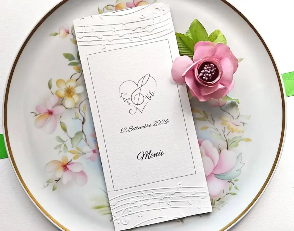 menu per matrimonio tema musica con pentagramma emboss