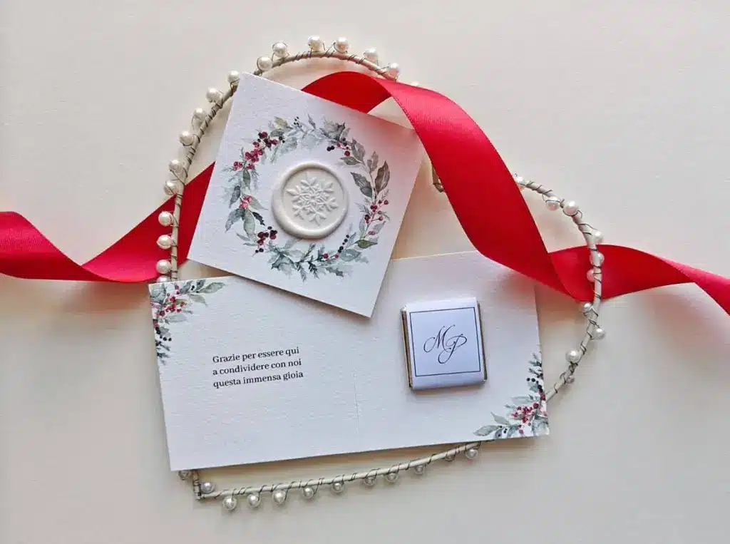 segnaposto matrimonio natalizio con cioccolatino e ceralacca