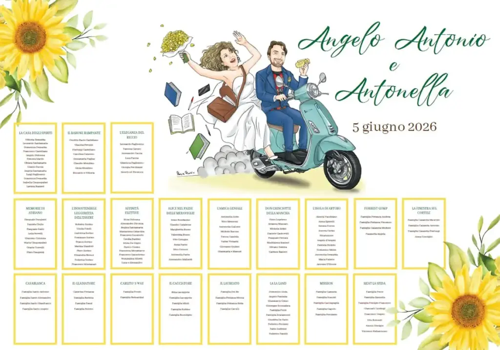tableau mariage con caricatura sposi su verspa divertente