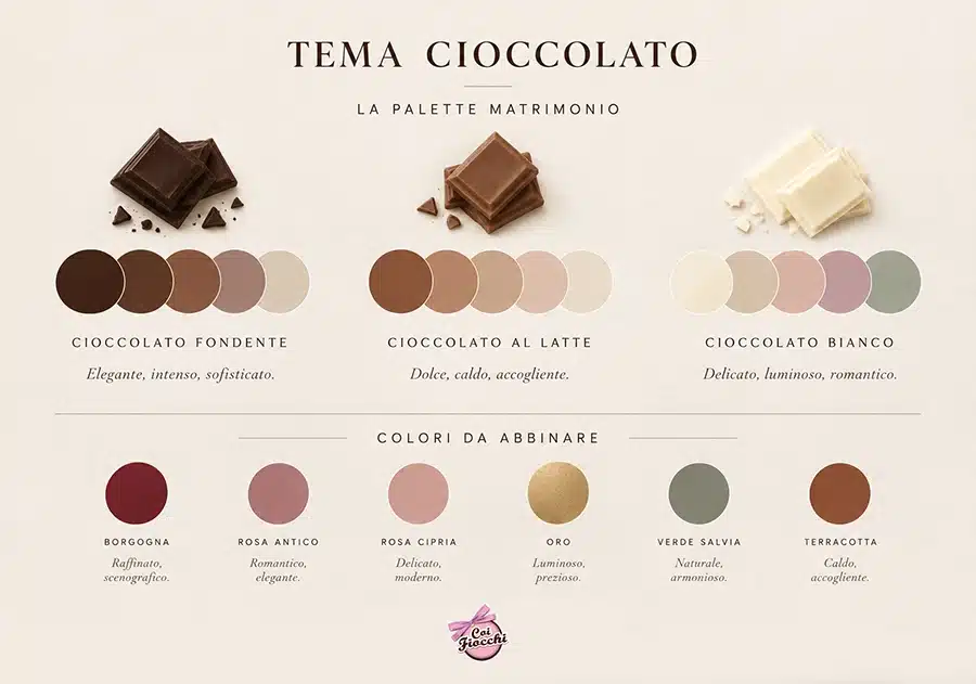 palette colori per matrimonio a tema cioccolato fondente, cioccolato al latte, cioccolato bianco