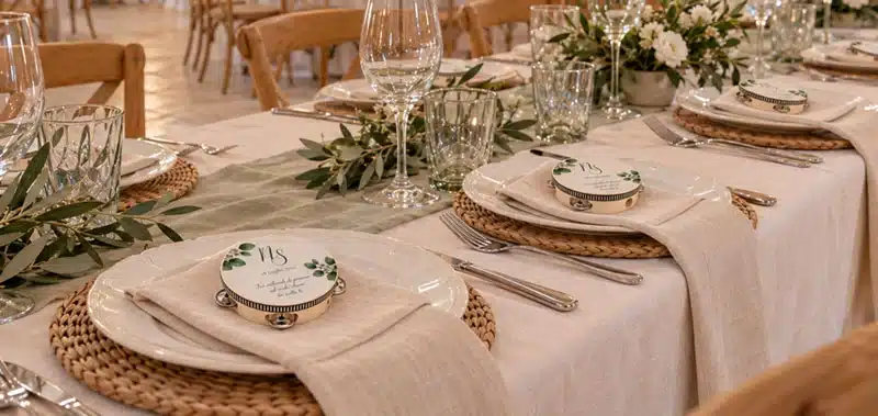 Tamburelli personalizzati per matrimonio: idee per segnaposto e tableau_ Simulazione ambientata realizzata con il supporto dell'intelligenza artificiale