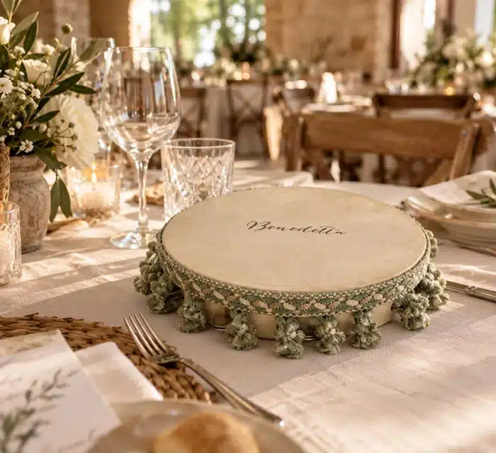 tamburello per matrimonio con nome scritto a mano e passamaneria. Render digitale generato dall'ai.