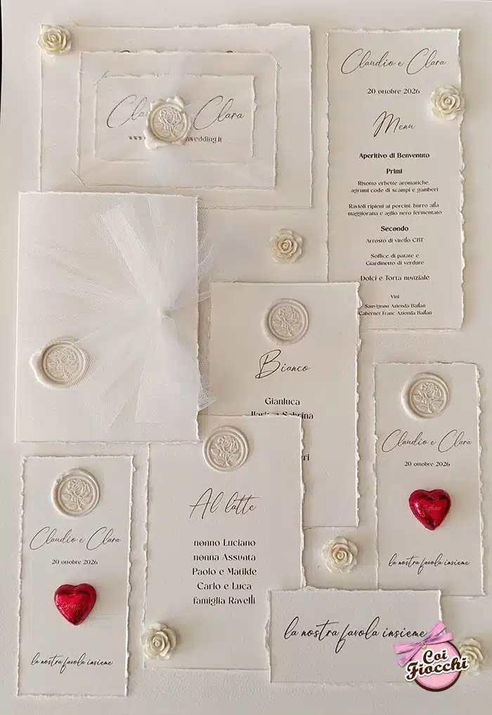 partecipazione matrimonio tema cioccolato bianco coordinato completo